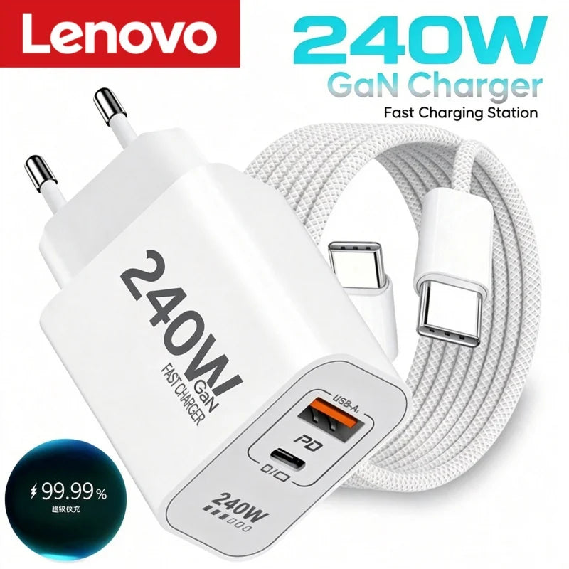 Lenovo 240W GaN PD USB C Charger For iPhone 17 16 15 14 13 12 Pro Max Phone QC 3.0 PD 3.0 USB Type C Fast Charging for Xiaomi