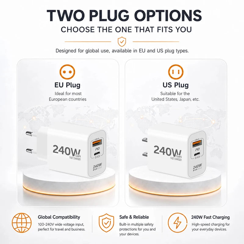 Lenovo 240W GaN PD USB C Charger For iPhone 17 16 15 14 13 12 Pro Max Phone QC 3.0 PD 3.0 USB Type C Fast Charging for Xiaomi