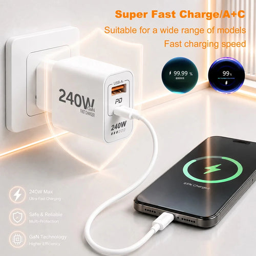 Lenovo 240W GaN PD USB C Charger For iPhone 17 16 15 14 13 12 Pro Max Phone QC 3.0 PD 3.0 USB Type C Fast Charging for Xiaomi